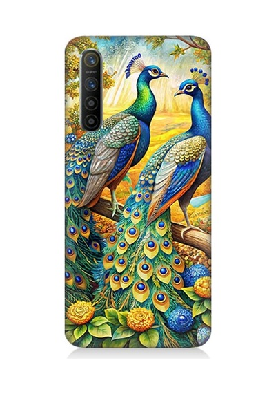 Realme X2 Uyumlu Görkemli Tavuskuşu Bahçesi Desenli Silikon Kılıf Çok Renkli