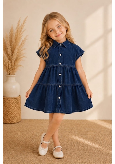 My Kids Wear Mia Düğmeli Denim Kız Çocuk Elbise 12843 Kot Mavi