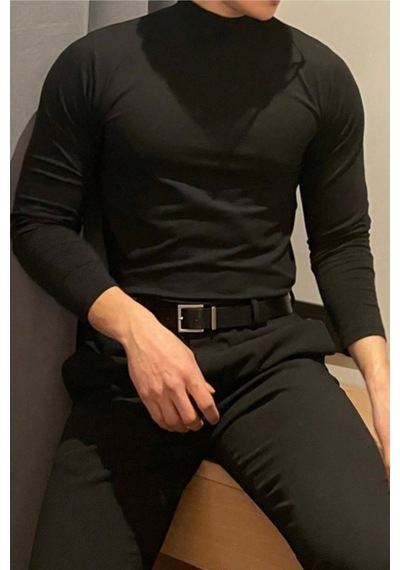 Tarz Cool Erkek Yarım Balıkçı Yaka Uzun Kollu Slim Fit Likralı Oysho Kumaş Tişört Siyah
