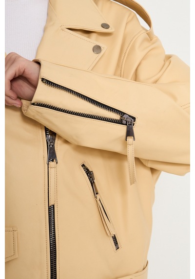 M M Marki Marki Kadın Hakiki Jumbo Deri Ceket Biker Tarz, Kemerli, Oversize, Apoletli, 65 Cm, Bej - 116622x