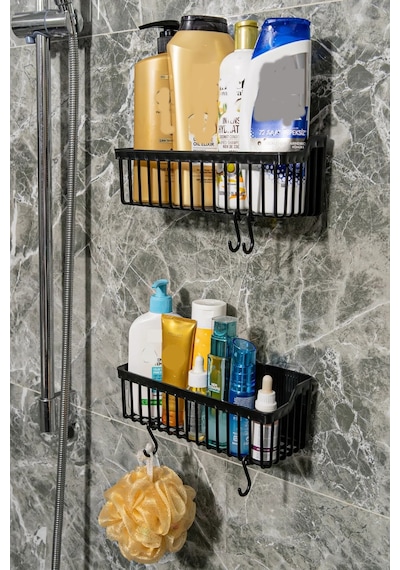 2 Li Plastik Yapışkanlı Askılı Mutfak- Banyo Rafı Düzenleyici Duş Şampuanlık Beyaz - Krom