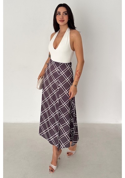 Kadın Yırtmaç Detaylı Ekose Uzun Etek Slit Plaid Mor