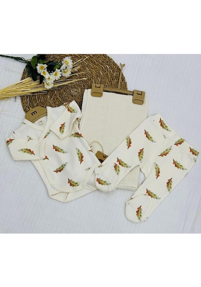 Minisse Baskılı Çıtçıtlı Badi, Alt Ve Müslin Battaniyeli Yenidoğan Bebek 3lü Set Tüy