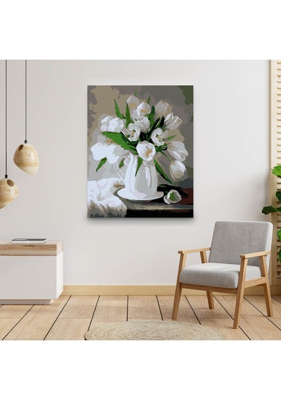Sayılarla Boyama Seti 40 x 50 CM Tuval Şasesine Gerili Beyaz Çiçekler