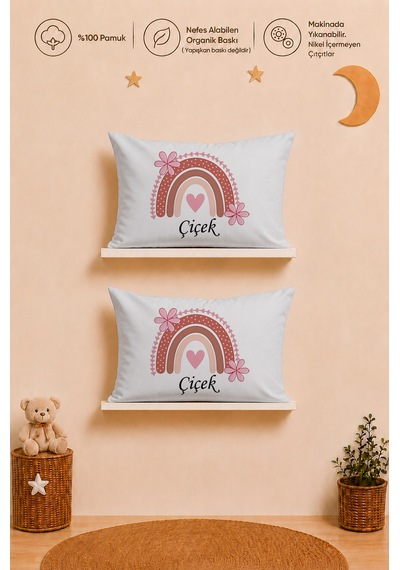 İsme Özel Kız Bebek Hediyesi 2 Adet 35x45 %100 Pamuk Yastık Kılıfı Ve Ham Bez Bebek Kıyafet Kesesi 1003y2k3x