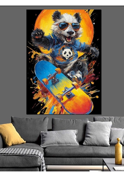 Ahşap Tablo Kaykay Yapan Havalı Panda
