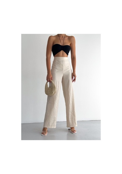 Winmoda34 Kadın Saten Pantolon Bol Paça Ekru