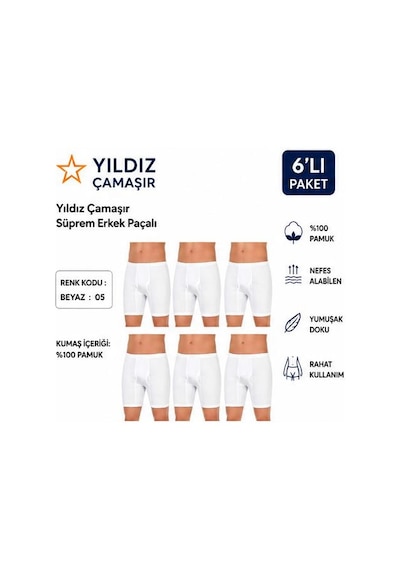 Yıldız Çamaşır Erkek Süprem Erkek Paçalı Boxer 05-140-141 - 6 Adet Beyaz