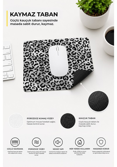 Leopar Desenli Siyah Ergonomik Mouse Pad Kaymaz Tabanlı Ev & Ofis Kullanımı Fare Altlığı