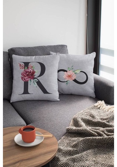 Çift Taraflı Gri R Harfli Yastık Kırlent Kılıfı Krl581n11