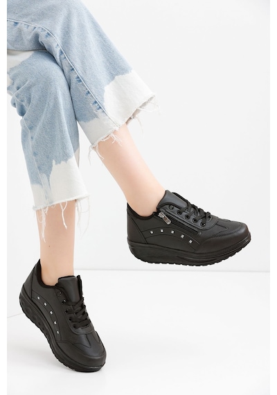 Kadın Siyah Spor Ayakkabı 6 Cm Yüksek Rahat Taban Sneaker X300 Siyah
