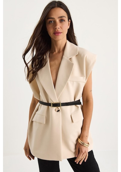 Shade Kadın Cep Detaylı Kemerli Vatkalı Oversize Astarlı Blazer Yelek 11143 60281003 - Bej