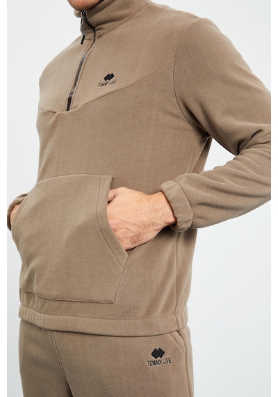Tommy Life Camel Yarım Fermuar Dik Yaka Lastik Paça Polar Erkek Eşofman Takımı - 85159 Camel