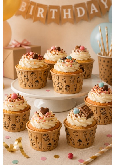 Cupcake Kapsülü 24'lü Kraft Şekerleme Desenli Lamineli Asetat Kutulu Kek Muffin Pişirme Kapsülü