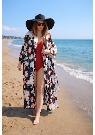 Wellway Viskon Saten Kumaş Kimono - Pareo - Sabahlık - Kuşak Dahildir - Siyah Siyah