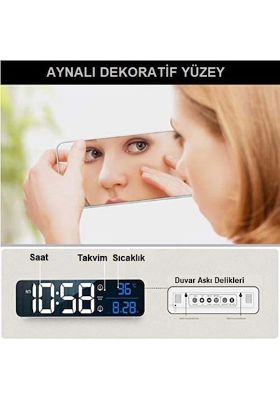 Hd Led Ekranlı Aynalı Elektronik Saat Sıcaklık Tarih Dijital Masa Saati