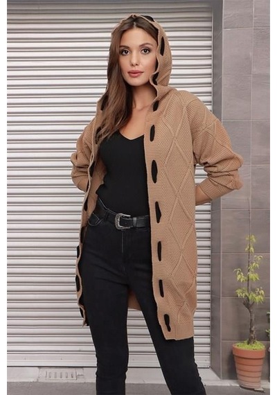 Aqe Fashion Kapüşonlu Kabartma Desenli Şerit Garnili Camel Hırka CAMEL Camel