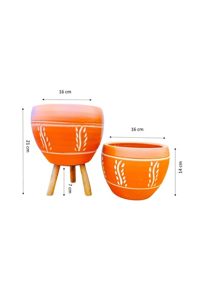 BİTKİ TASARIMI EV DEKORASYON NAKIŞ DESENLİ TERRAKOTA TOPRAK SAKSI SAKSILIK SALON ÇİÇEKLİK İKİLİ SET AYAKSIZ - 3 AYAKLI- 15 CM