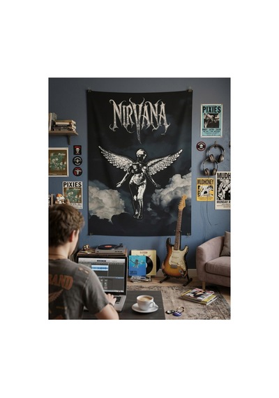 Owl Bag Nirvana Angel Style Black And White Desenli Tasarım Duvar Halısı