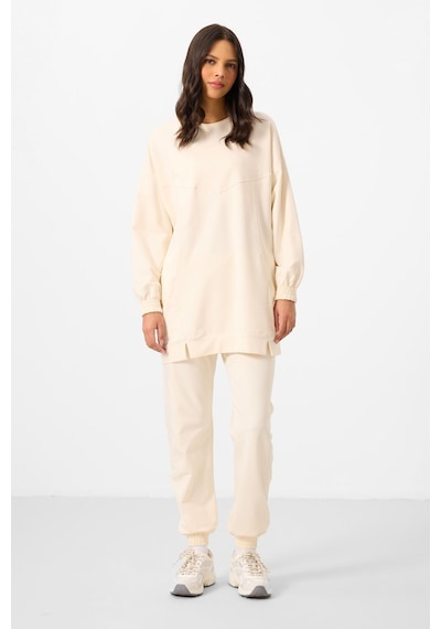 Ekru O Yaka Basic Oversize Kadın Eşofman Tunik Takım - 95347 Ekru