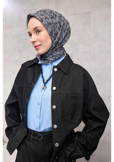 Silk Home Pamuk Polyester Soft Eşarp Açık Gri Çiçek Desenli Kaymaz Dokulu 90x90 Çok Renkli
