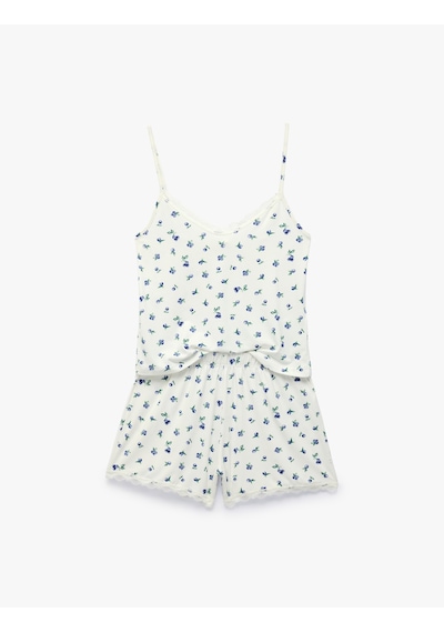 Koton Dantel Detaylı V Yaka Kolsuz Çiçekli Pijama Takımı Bej Desenli 6slk40164mk