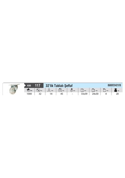Hırdavatım 32 Lik Tablalı Şeffaf Tekerlek 4 Adet