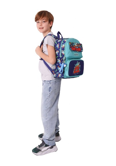 Kaukko Kids Erkek Çocuk Süpar Köpekbalığı Baskılı Okul Çantası - Yeşil - Lacivert - Surf - L5354 Çok Renkli