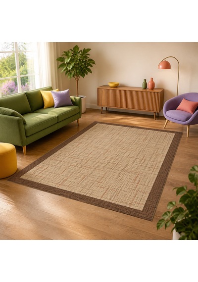 Kartela Halı Jüt Görünümlü Kalın Çerçeveli Halı Bej Kaymaz Taban Makinede Yıkanabilir 80x120 Cm