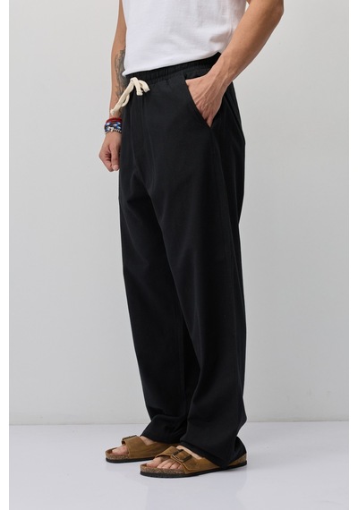 Vamos Bağcıklı Baggy Fit Keten Pantolon Siyah
