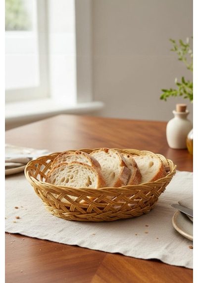 Plastik Rattan Ekmeklik, Meyvelik, Ekmek Sepeti 20cm Krem