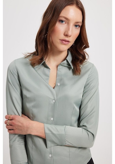 Tudors Kadın Slim Fit Dar Kesim Klasik Yaka Uzun Kollu Mint Gömlek-40361 Mint