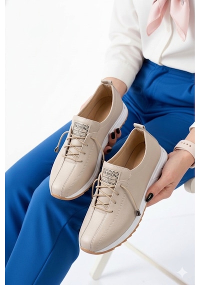 Mcaserıng Nokta Ortobetik Kadın Bacıklı Detaylı Ciltli Anne / Kız Günlük Sneaker Ayakkabı Babet Bej-zetta