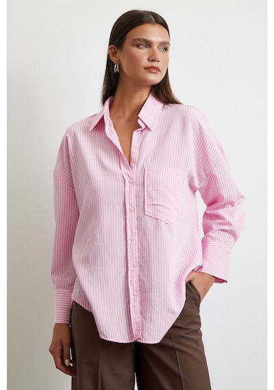 Never More Çizgili Oversize Gömlek Pembe Pembe