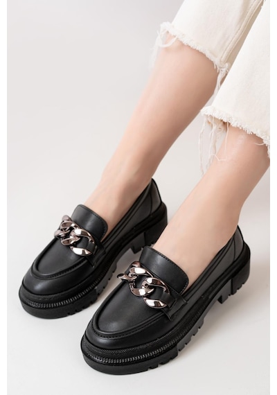 Asmi Shoes Kadın Somo Siyah Cilt Kalın Tokalı Loafer Ayakkabı Siyah Siyah