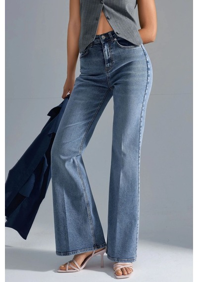 Hiccup Squalo Yüksek Bel Paça Genişleyen Kot Pantolon Orta Mavi Denim