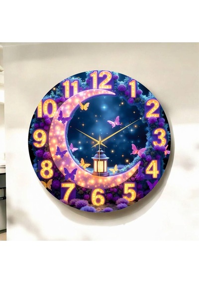 Led Görünümlü Renkli Baskı Hilal Ve Kelebek Desenli Sayılı Hediyelik Ahşap Sessiz Duvar Saati 50cm ÇOk Renkli