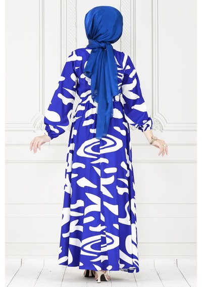 Sevitli Geometrik Desenli Elbise-saks Mavi-3894-saks Mavi Saks Mavisi