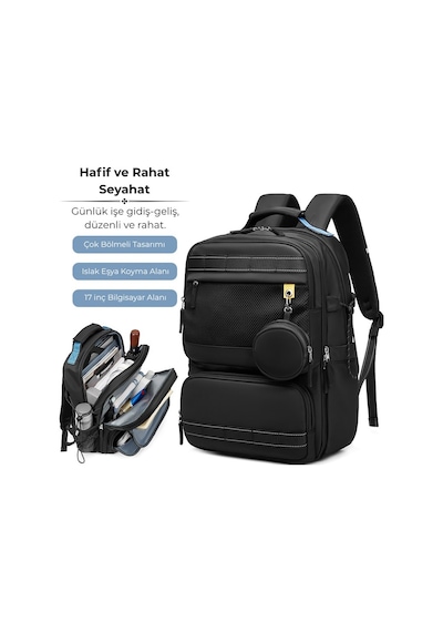 Su Geçirmez Seyahat Sırt Çantası - 17" İnç Laptop Bölmeli - Kuru Islak Ayırma Bölgesi - Ortopedik Siyah
