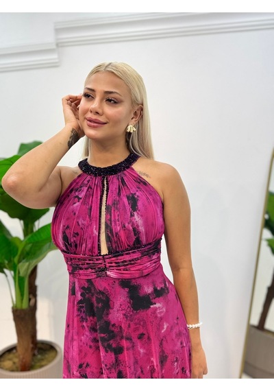 E&a Eren Abiye Stefani Yaka Şifon Kloş Elbise Pembe