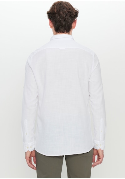 AC&Co / Altınyıldız Classics Erkek Beyaz %100 Pamuk Flamlı Slim Fit Dar Kesim Düğmeli Yaka Armürlü Gömlek Beyaz