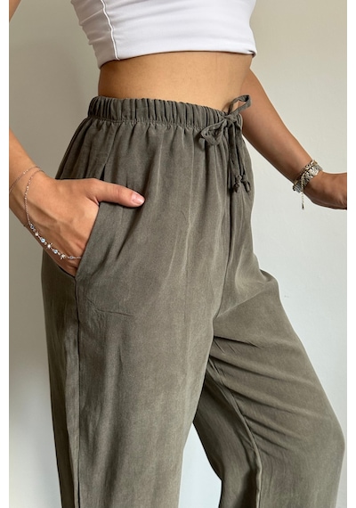 Feela Moda 2008 Bağcıklı Beli Lastikli Yıkamalı Modal Dokuma Palazzo Kadın Pantolon Haki