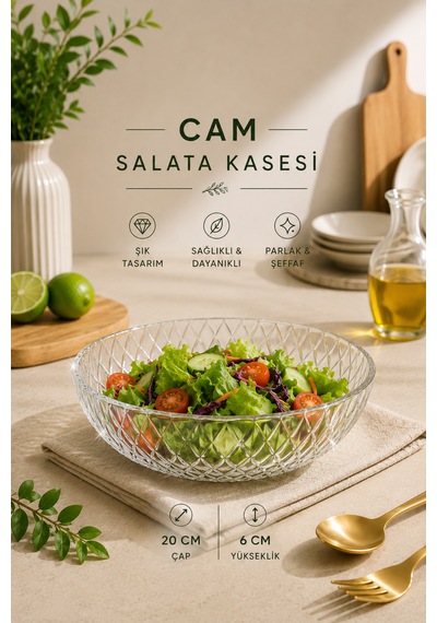 Modern Baklava Desenli Cam Salata Kasesi Meyve Sunumluk Kase Orta Boy 21 Cm Şeffaf