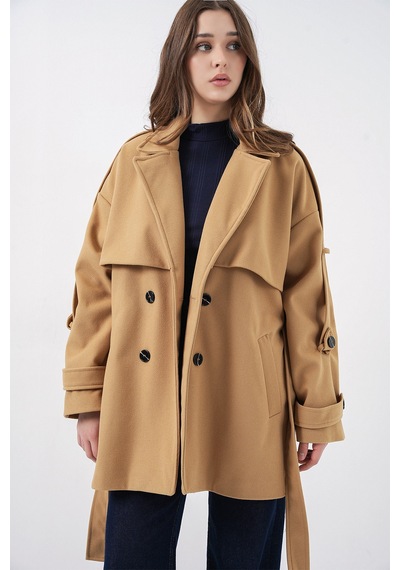 Bigdart Kadın Kuşaklı Oversize Kaşe Kaban 9157 - Hardal