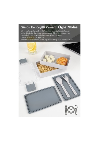 2 Katlı Kilitli Beslenme Kabı - Kendinden Çatal Kaşıklı Lunch Box Beslenme Kutusu Saklama Kabı Gri