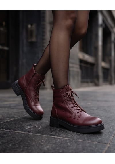 Futsishoes Ravenna Bordo Hakiki Deri Bağcıklı Kalın Taban Topuklu Postal Kadın Bot