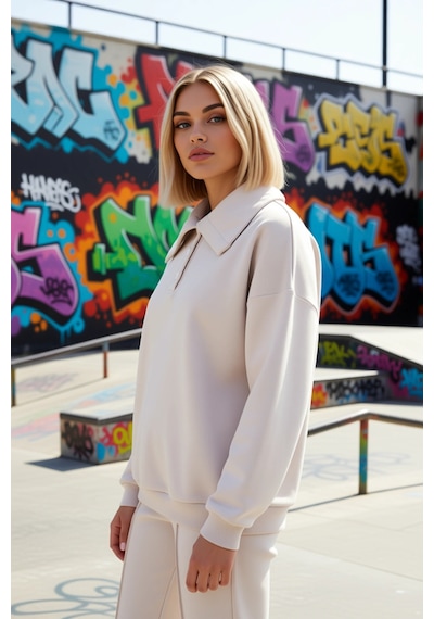 Benerly Kadın Polo Yaka Düşük Kol Örme Sweatshirt Fonksiyonel Dayanıklı K Taş
