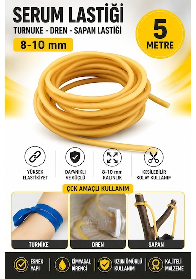 5 Metre 8x10 Mm Serum Lastiği Turnike Dren Sapan Lastiği Doğal Lateks Esnek Kauçuk