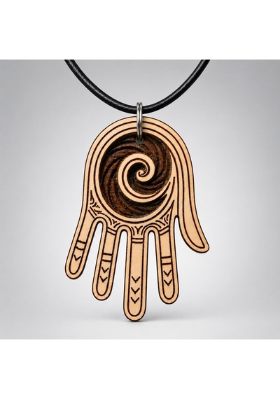 Spiral Hamsa Eli Ahşap Kolye 44x30 Mm - Siyah İpli Bohem Unisex 01 - Ekru