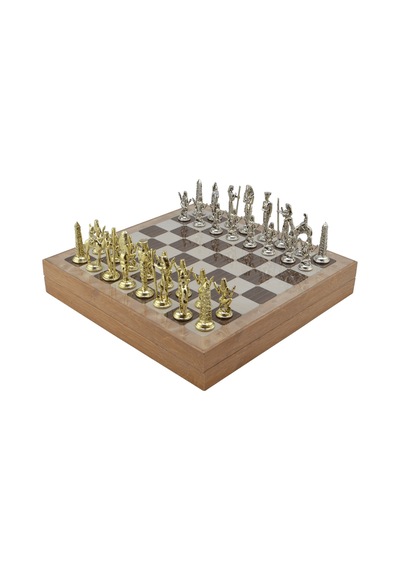 Gifthome Metal Mısır Satranç Takımı Parlak Ve Rustik Desenli Mdf Sandıklı Satranç Tahtası 36x36x6 Cm.